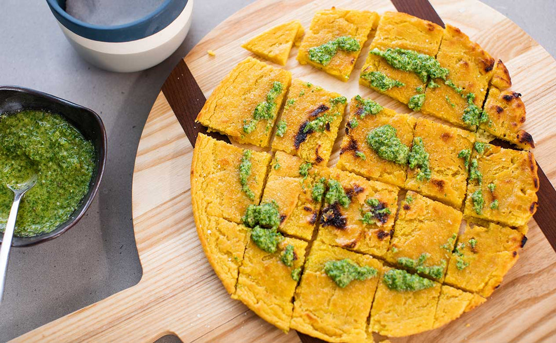 SOCCA FLATBREAD WITH ARUGULA PESTO