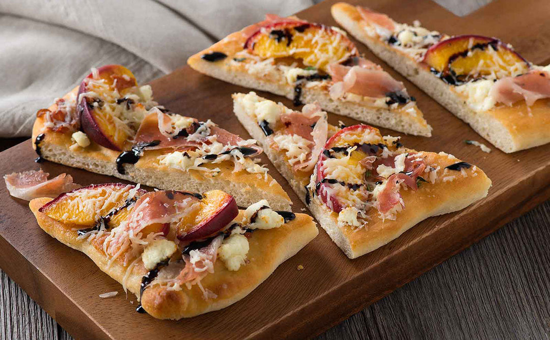 PEACH, PROSCIUTTO AND GOAT CHEESE FLATBREAD